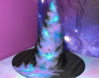 Whitch hat hand painted purple & blue galaxy, Halloween witches costume, cosplay nebula space stars, pastel goth gothic kawaii fairy kei