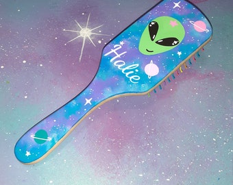 hair brush Alien galaxy personalized painted / wood hairbrush name monogrammed / cute space ufo planets stars