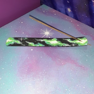 incense holder green galaxy / star nebula space cosmic witch altar / burn stick burner / fragrance home decor / black light glow