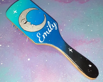 Hair brush silver moon / wood painted hairbrush / name monogrammed personalized / blue black ombre stars cosmic crescent galaxy colorful art