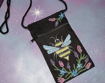 bag Bee crossbody / hand painted purse pouch case passport sack / insect bug flowers nature bees honey cottagecore garden