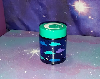 Stash jar moon & clouds blue glass, cosmetic makeup herb weed, purple teal blue space celestial, kawaii pastel goth occult witch altar