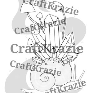 Crystal Space Snail coloring page download / crystals mushroom insect witchy moon trippy pastel goth gothic kawaii / adult color pages