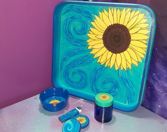 tray set hand painted sunflower Vangogh ombre, ashtray lighter grinder stash jar, sun flower cute box stash rolling blue aqua Van-Gogh