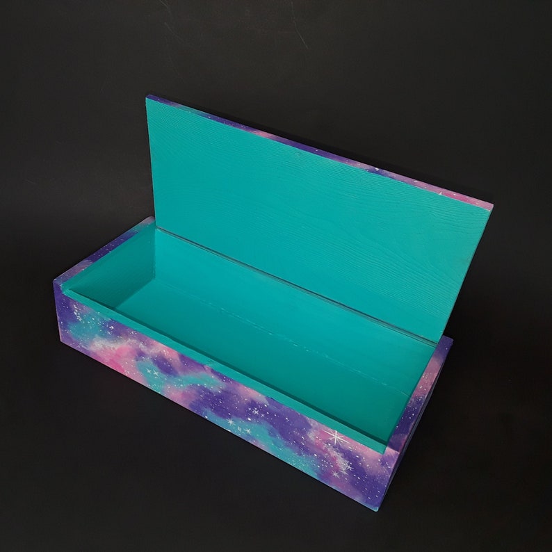 Hand painted galaxy jewelry box cosmic space nebula wood trinket holder stash boxes purple blue pink stars wooden keepsake storage