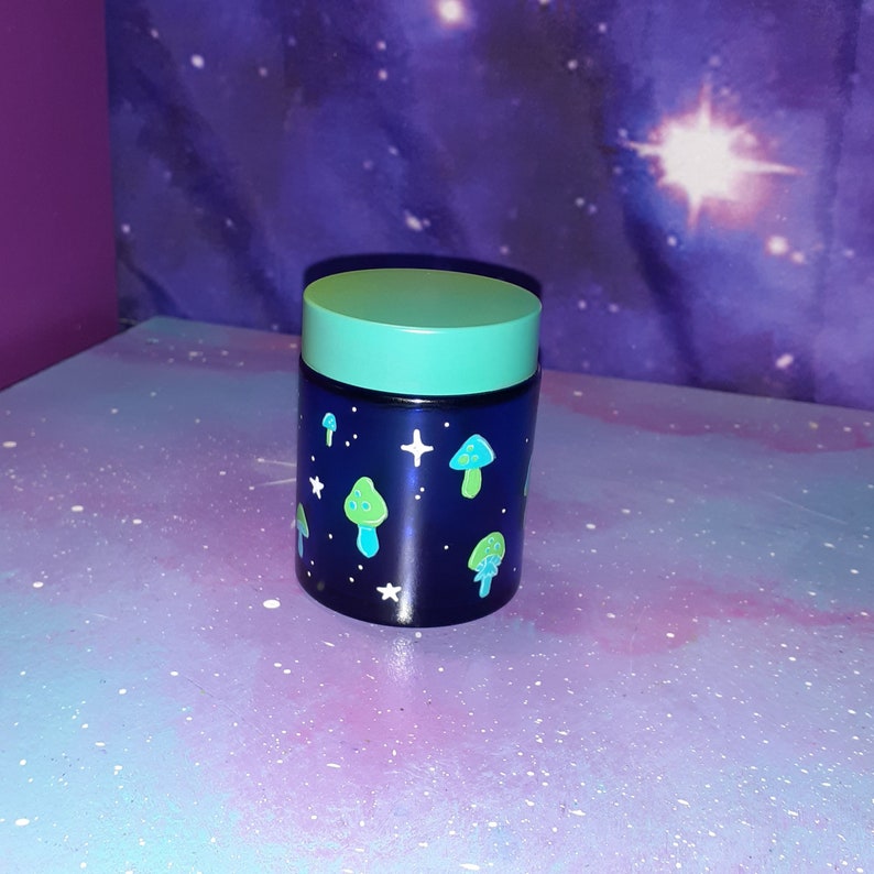 stash jar Cute mushrooms blue glass, cosmetic makeup herb weed, green teal aqua, kawaii pastel goth occult witch altar shroom fairy cottage image 10