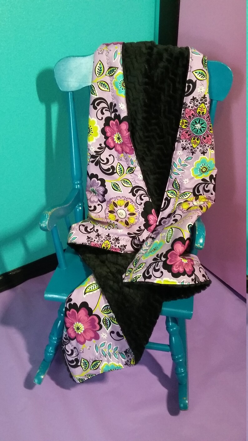 Purple and Black Floral Baby Blanket / Chevron Stripe Soft Etsy