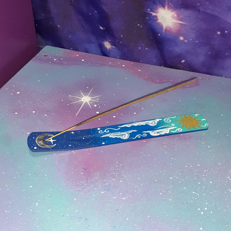 incense holder sun & moon / witch altar burner stick / clouds space celestial stars / fragrance decor day and night silver gold hippie image 5