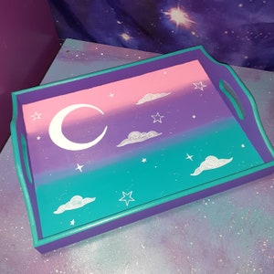 tray Cute moon & clouds wood / cosmetic jewelry makeup crystals tarot cards / pink purple teal / kawaii pastel goth fairy kei