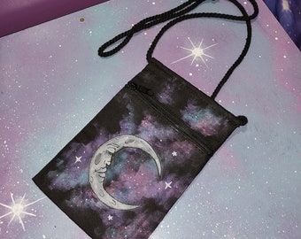 bag galaxy moon crossbody / hand painted purse pouch case passport sack / celestial space stars cottagecore witchy triple moons magic