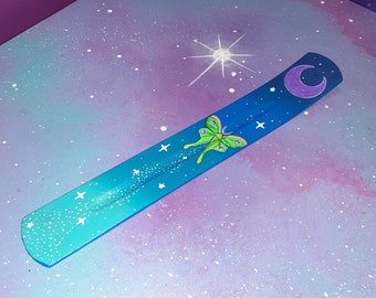 incense holder luna moth & moon / witch altar burner stick / cottage core space celestial stars butterfly insect night / fragrance decor