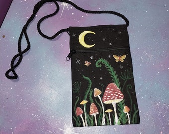 bag mushroom crossbody / hand painted purse pouch case passport sack / stars ferns grass magic cottagecore cottage fairy butterfly art fair
