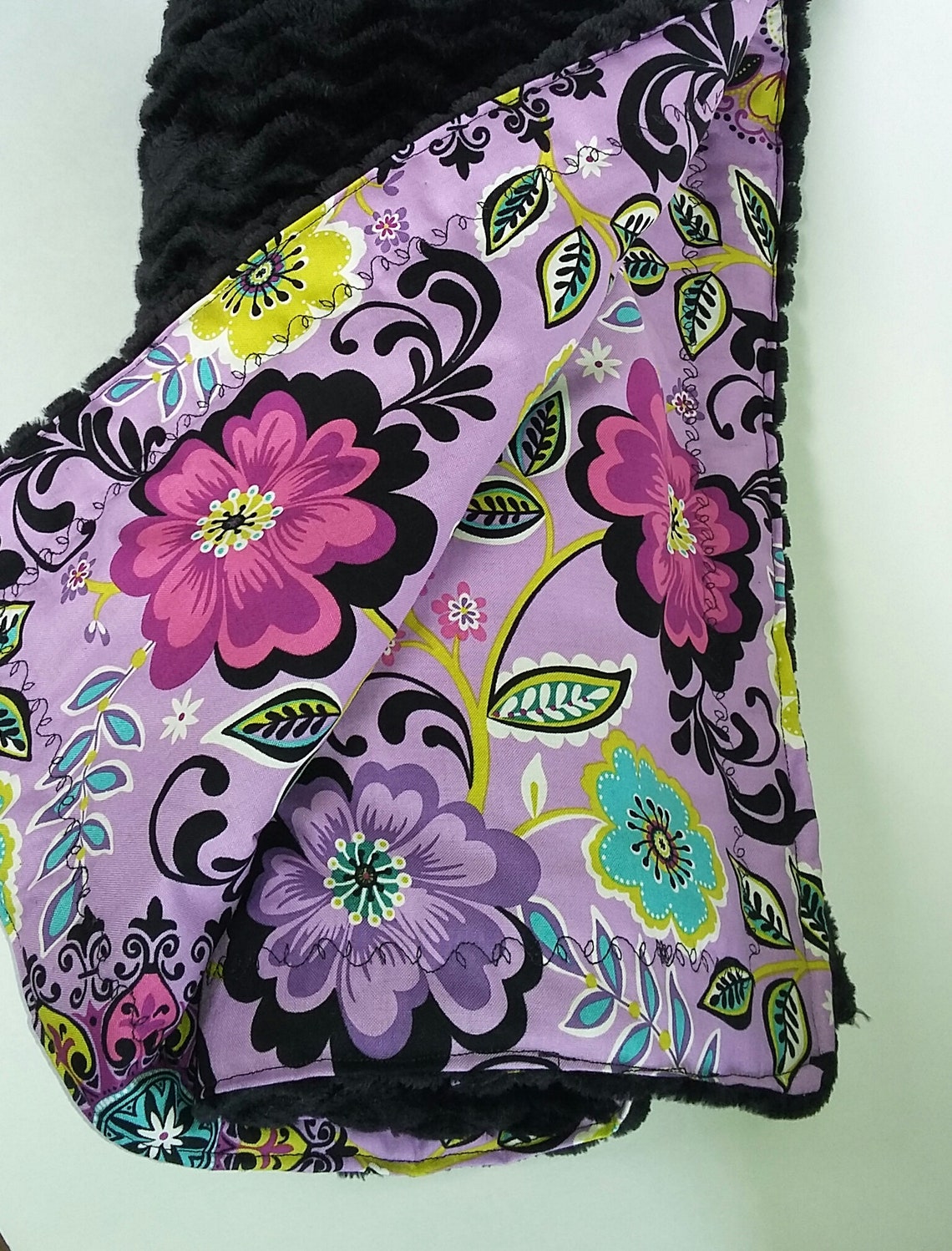 Purple and black floral baby blanket / chevron stripe soft Etsy