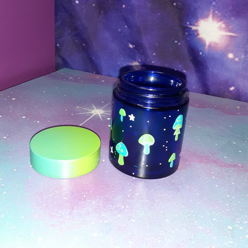 stash jar Cute mushrooms blue glass, cosmetic makeup herb weed, green teal aqua, kawaii pastel goth occult witch altar shroom fairy cottage image 8