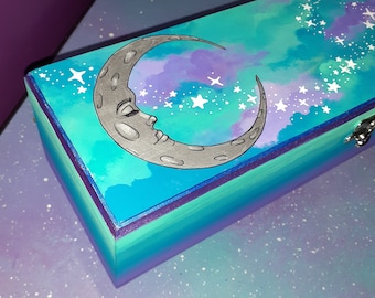 Box moon and stars painted / galaxy clouds cosmic space wood trinket tarot / kawaii goth witch altar occult / storage chest stash