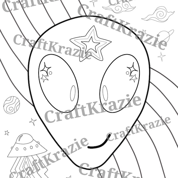 Cute alien coloring page download, trippy aliens kawaii fairy kei pastel moon space ufo planets stars, adult color pages