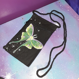 Luna moth bag crossbody / hand painted purse pouch case passport sack / stars moths insect green butterfly moon