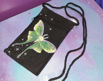 Luna moth bag crossbody / hand painted purse pouch case passport sack / stars moths insect green butterfly moon