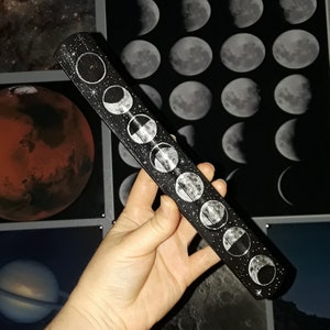 incense holder moon phases black & silver / witch altar occult burner stick / full moons phase space celestial stars / fragrance decor image 1