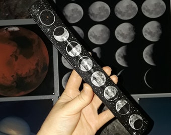 incense holder moon phases black & silver / witch altar occult burner stick / full moons phase space celestial stars / fragrance decor