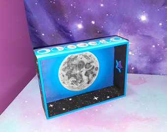 tray painted moon phases / jewelry trinket box galaxy space sky stars planets ombre / wood witch altar astrology full eclipse celestial