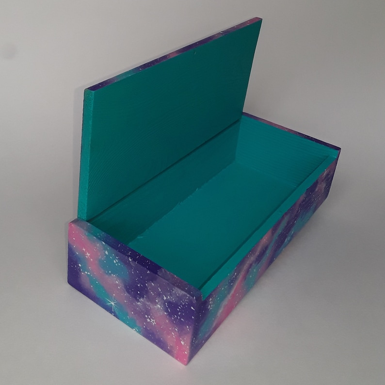 Hand painted galaxy jewelry box cosmic space nebula wood trinket holder stash boxes purple blue pink stars wooden keepsake storage