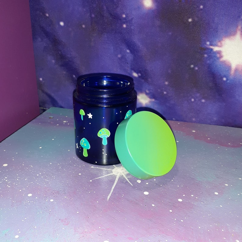stash jar Cute mushrooms blue glass, cosmetic makeup herb weed, green teal aqua, kawaii pastel goth occult witch altar shroom fairy cottage image 6