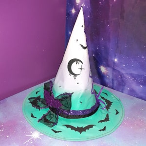 Wicth hat handmade pastel goth / kawaii witches costume / purple pink aqua / Halloween / creepy cute gothic hats unique / bats ombre moon