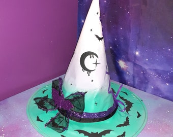 Wicth hat handmade pastel goth / kawaii witches costume / purple pink aqua / Halloween / creepy cute gothic hats unique / bats ombre moon