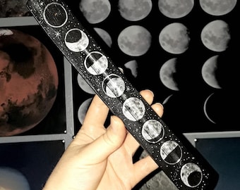 incense holder moon phases black & silver / witch altar occult burner stick / full moons phase space celestial stars / fragrance decor