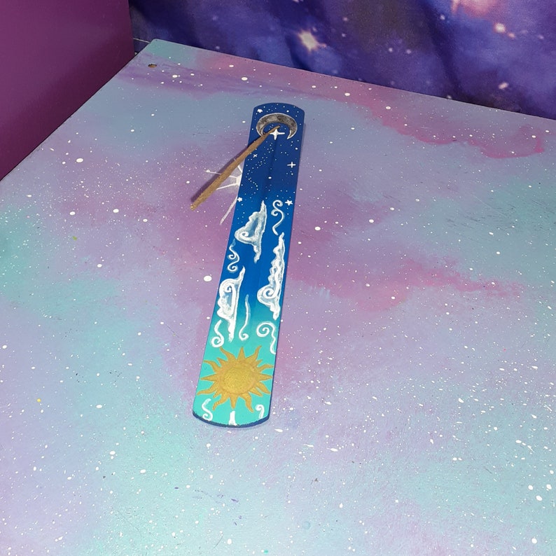 incense holder sun & moon / witch altar burner stick / clouds space celestial stars / fragrance decor day and night silver gold hippie image 10