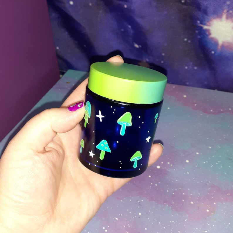 stash jar Cute mushrooms blue glass, cosmetic makeup herb weed, green teal aqua, kawaii pastel goth occult witch altar shroom fairy cottage image 9