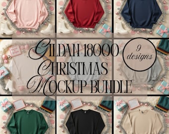 May include: A mockup bundle showcasing nine Gildan 18000 sweatshirts in diverse colours, such as pink, red, navy, white, grey, green, black, and tan. The sweatshirts are displayed with festive decorations, including gift boxes and baubles.