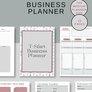 May include: A T-Shirt Business Planner with a gray and white geometric design border. The planner includes sections for appointments, to-do lists, and notes. The planner is 7x9 inches and has 23 pages. Also includes a giveaway tracker and a password tracker.