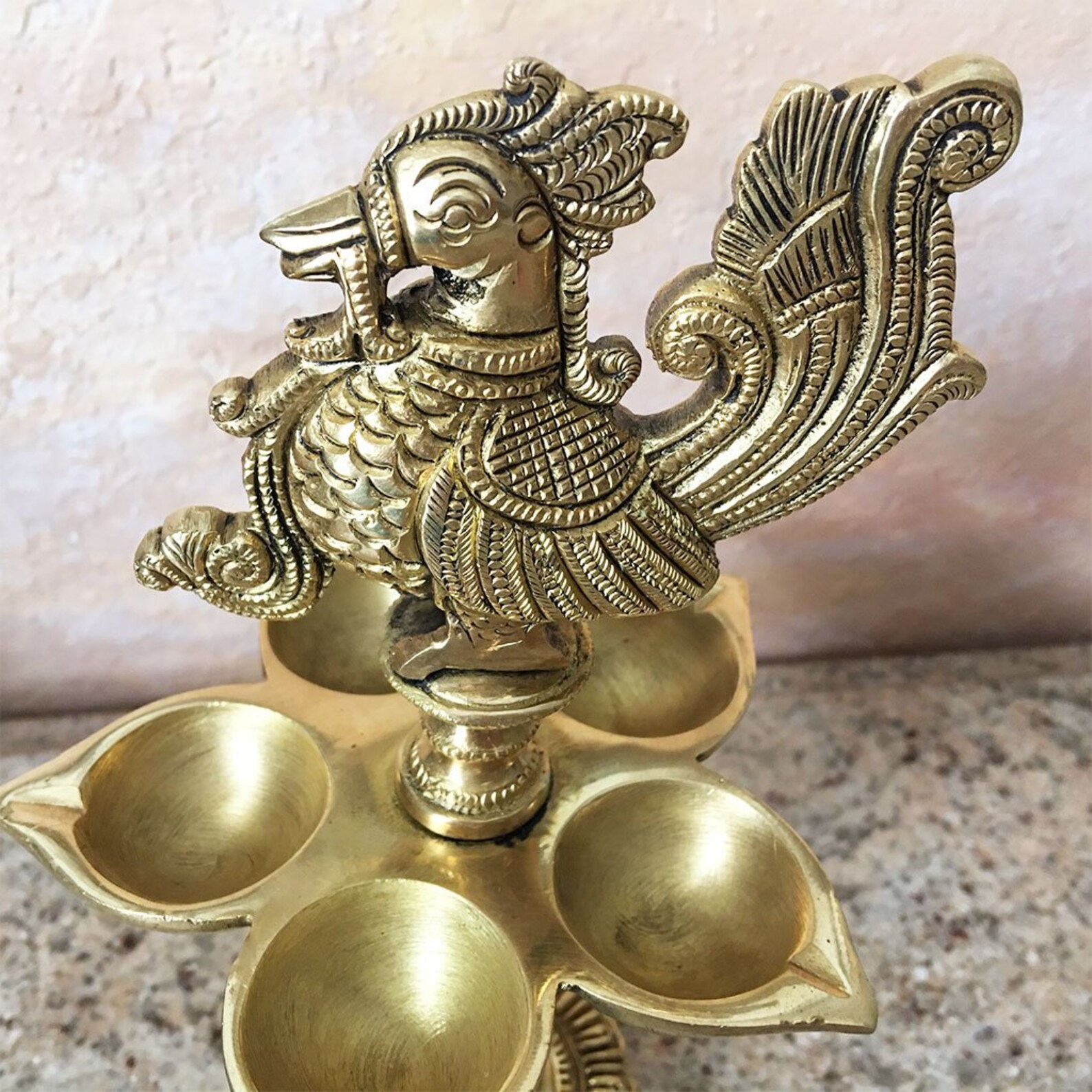 5 Prong Fancy Peacock Brass Ghee Lamp Diya 10 Inch Etsy