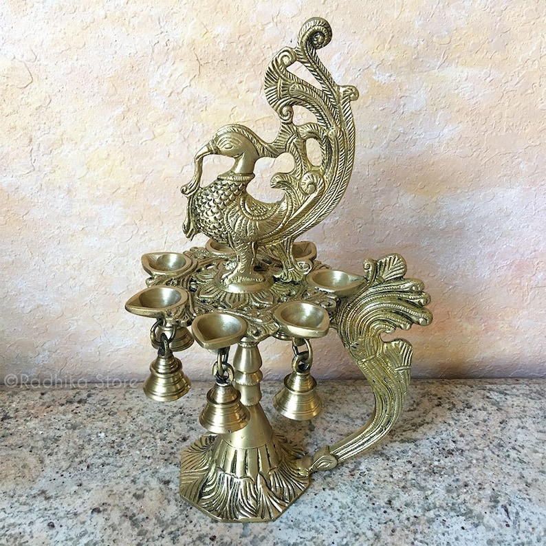 Brass Vrindavan Peacock Ghee Lamp With 7 Prongs and Bells Etsy