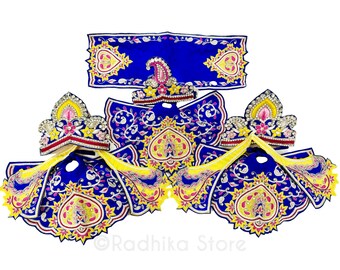 Braj Mandal - Blu zaffiro e giallo - Seta - Vestito della divinità Jagannath Baladeva Subhadra