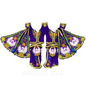 Sera Radha kund Kirtan - Tutto in seta - Viola scuro con multicolore - Abito della divinità Gaura Nitai