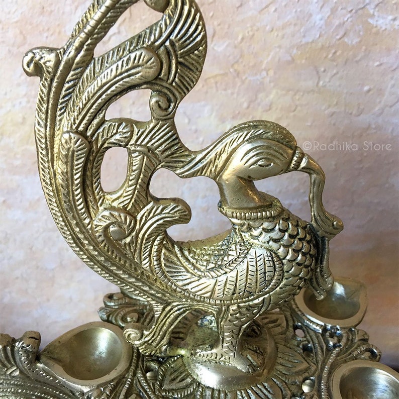 Brass Vrindavan Peacock Ghee Lamp With 7 Prongs and Bells Etsy