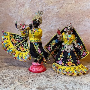 Danza al chiaro di luna - Tutto in seta - Nero e giallo calendula multicolore - Abito della divinità Radha Krishna