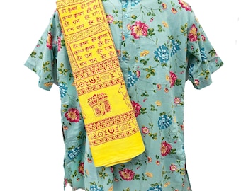 Kurtas in cotone verde mare con fiori - S-M-L