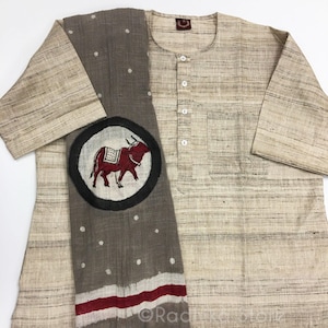 Raw Silk- Beige Tweed - Short Sleeve Kurtas