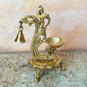 Fancy Parrot Brass Arati Lamp - With Bell And Lotus Stand
