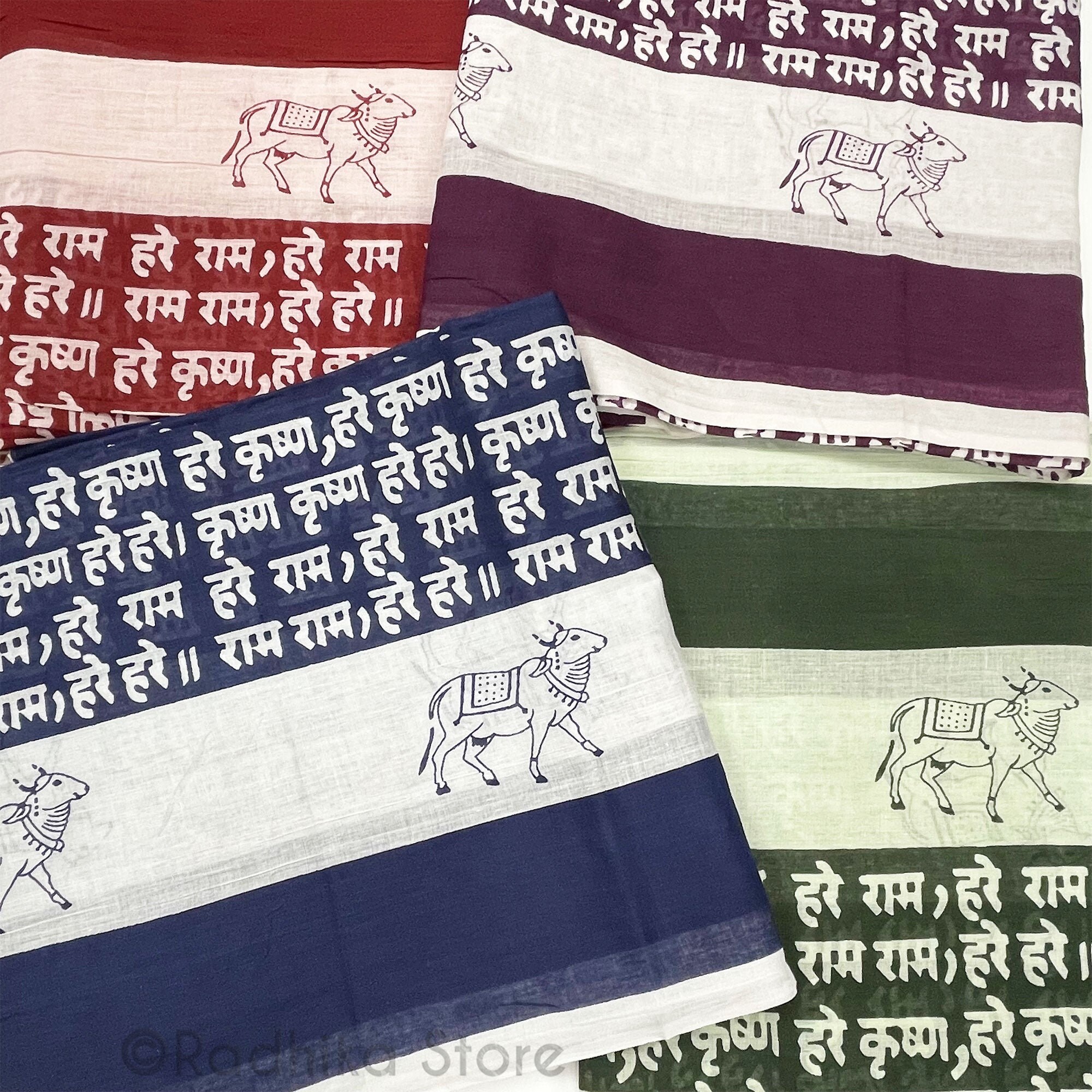Wide Blue Stripe Maha Mantra Chadar With Vrindavan Cows