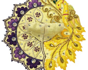 Golden Peacock With Vrindavan Flowers - Light Yellow Taffeta- Size 1" up to 5" Inch Laddu Gopal