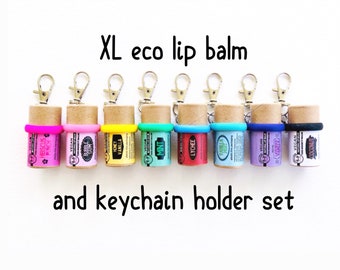 eco friendly lip balm AND chapstick holder keychain set- Backpack purse nurse badge hook- sunscreen holder key ring