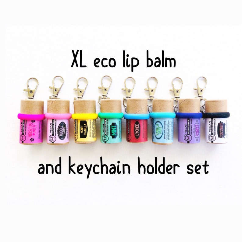 eco friendly lip balm AND chapstick holder keychain set Backpack purse nurse badge hook sunscreen holder key ring image 1