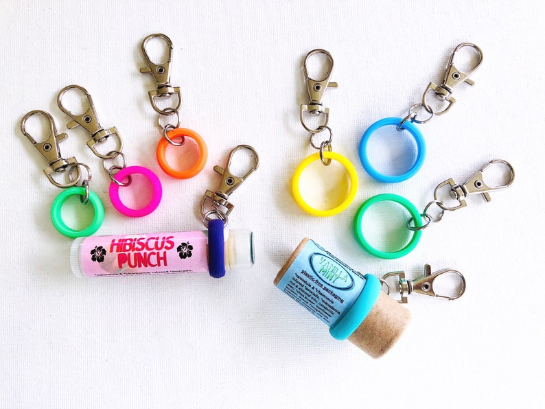 eco friendly lip balm AND chapstick holder keychain set Backpack purse nurse badge hook sunscreen holder key ring image 5