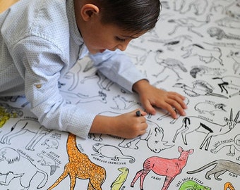 Poster da colorare, poster da colorare gigante, colorazione per bambini, attività divertenti per bambini, 100 animali africani, zebra, giraffa, festa per bambini, colorazione