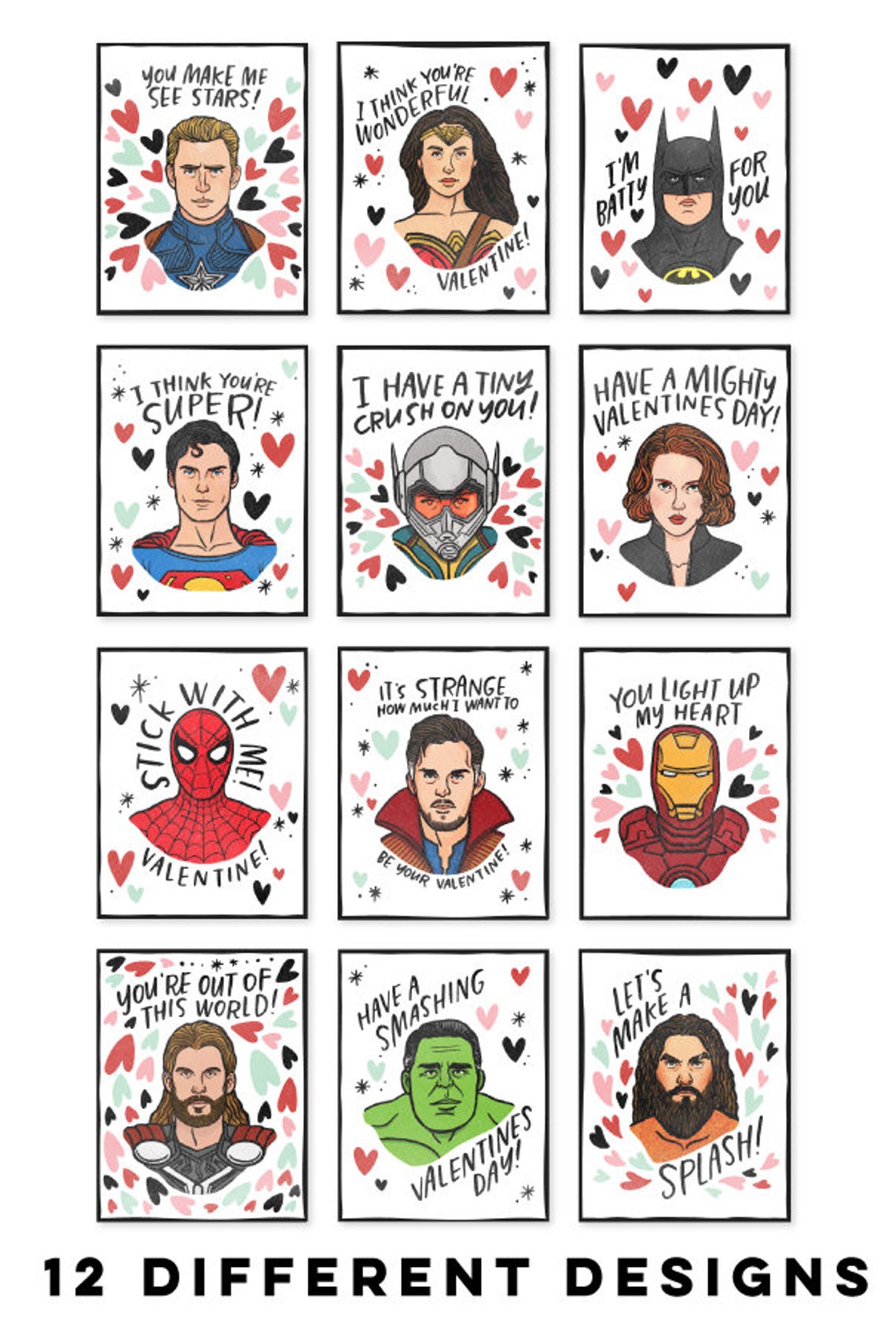 Super Hero Valentines Marvel DC Printable Illustrated Etsy